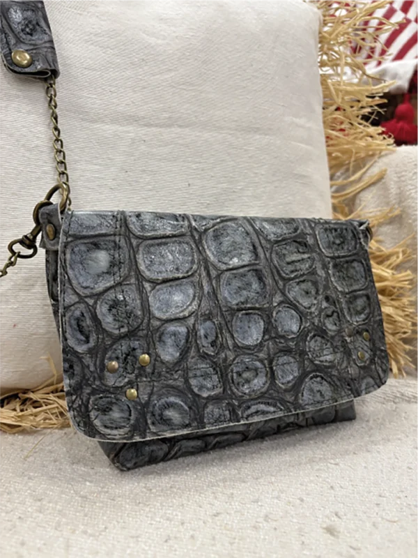 Petit Sac en Cuir Impression Croco bleu-gris